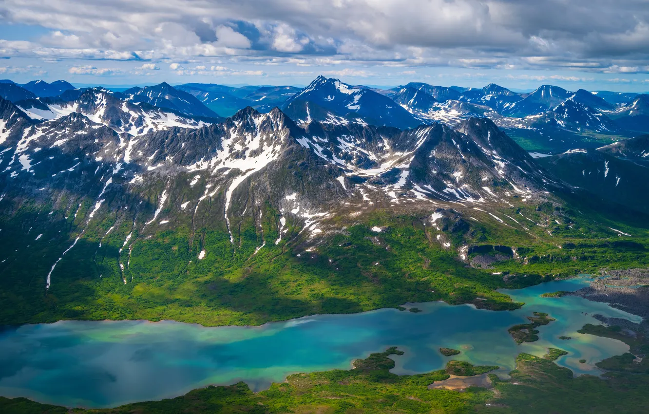 Photo wallpaper landscape, mountains, lake, USA, Katmai National Park