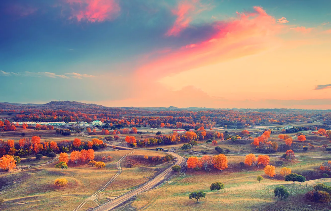 Photo wallpaper autumn, the sky, clouds, trees, sunset, mountains, home, valley