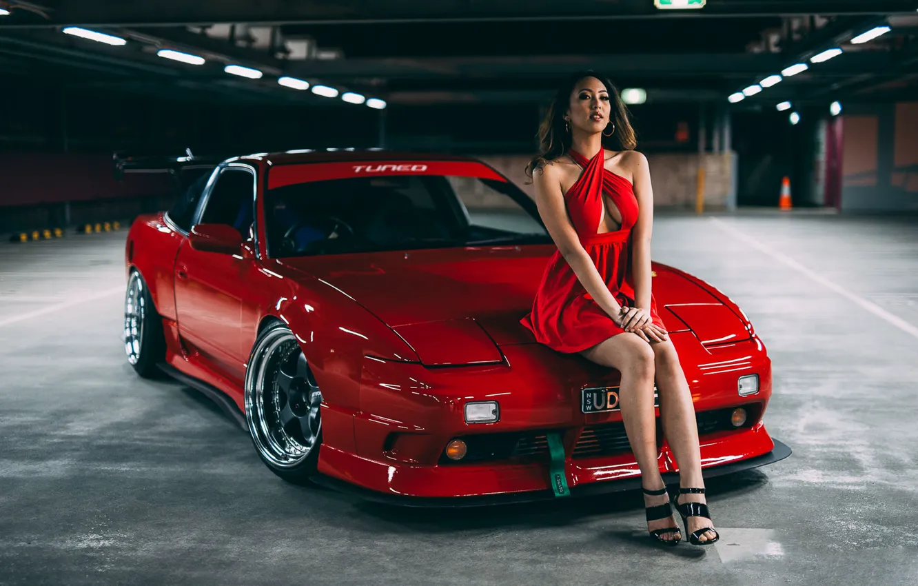 Photo wallpaper Girl, Nissan, Red, Car, Legs, Model, Body, Beauty