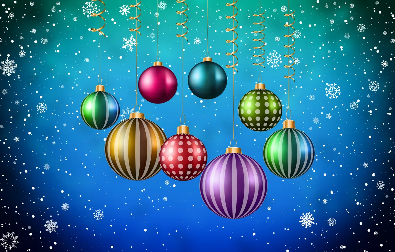 Photo wallpaper Minimalism, Snow, New Year, Christmas, Balls, Snowflakes, Background, Decoration