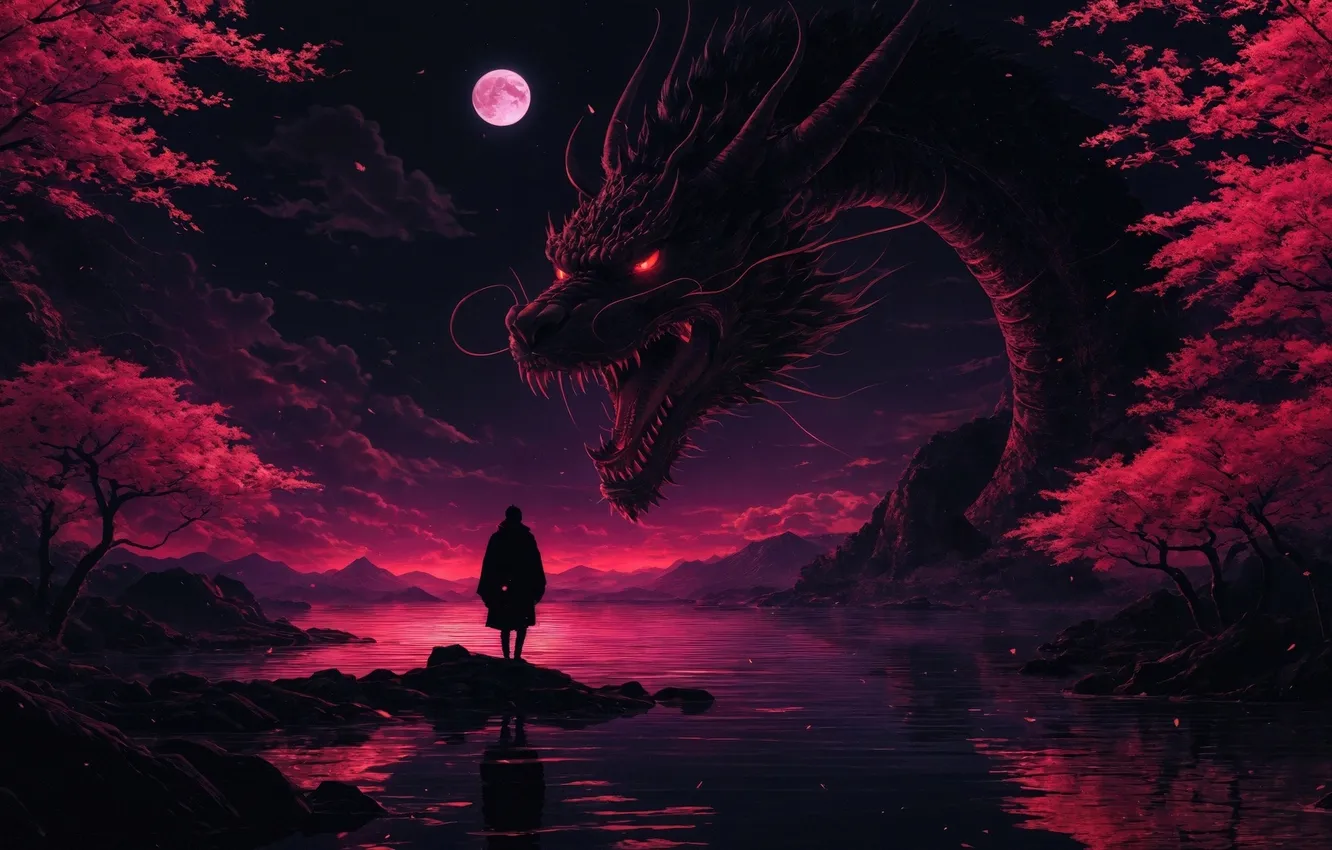 Photo wallpaper moon, man, wind, red dragon