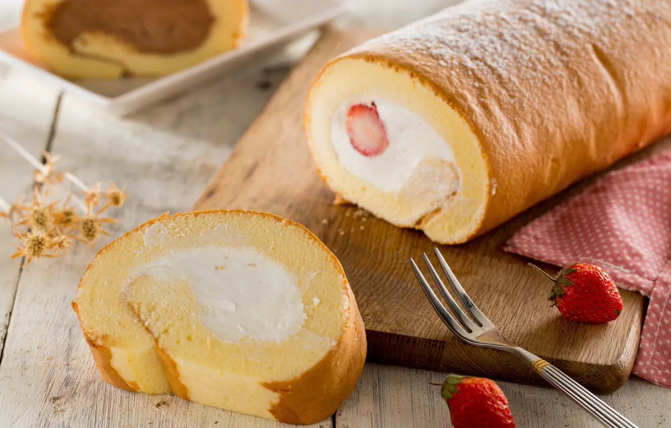Photo wallpaper strawberry, cream, dessert, biscuit, roll