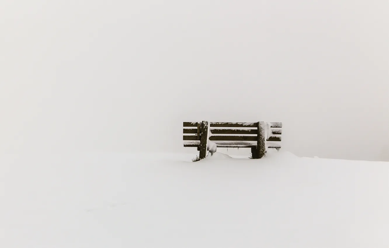 Photo wallpaper snow, minimalism, bench
