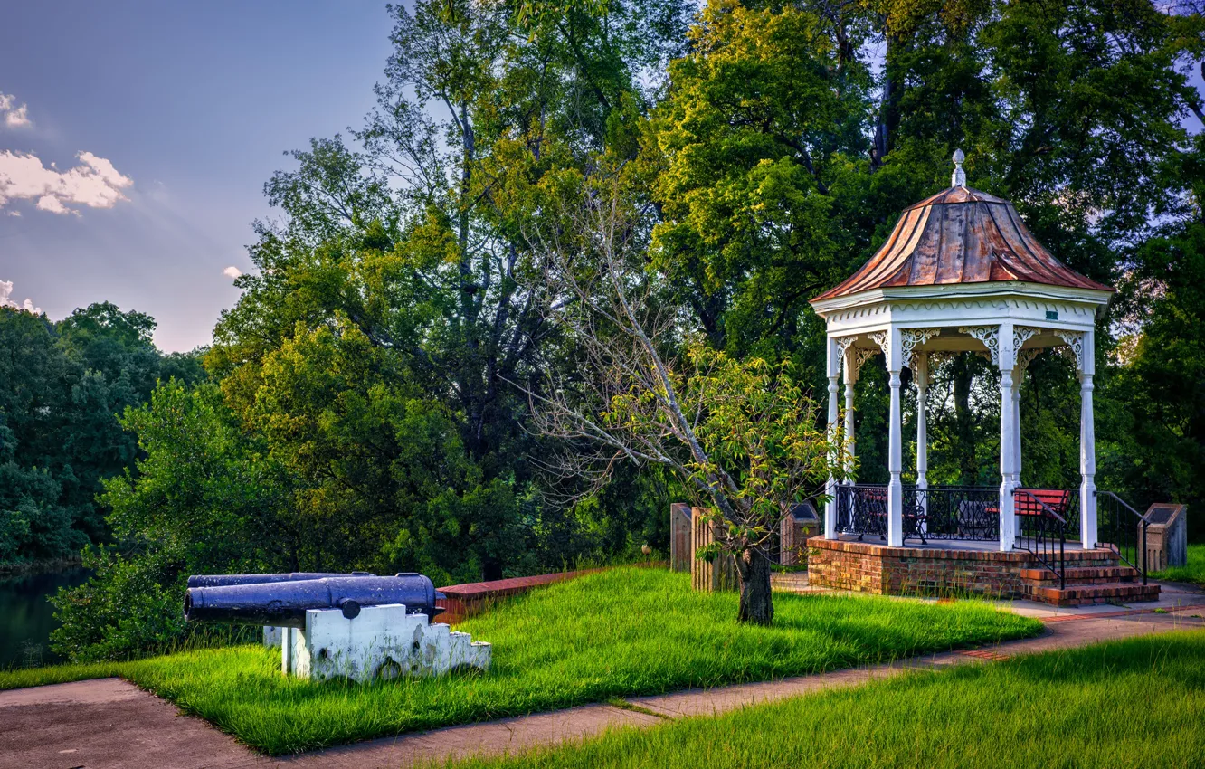 Photo wallpaper greens, the sky, grass, the sun, clouds, trees, Park, lawn