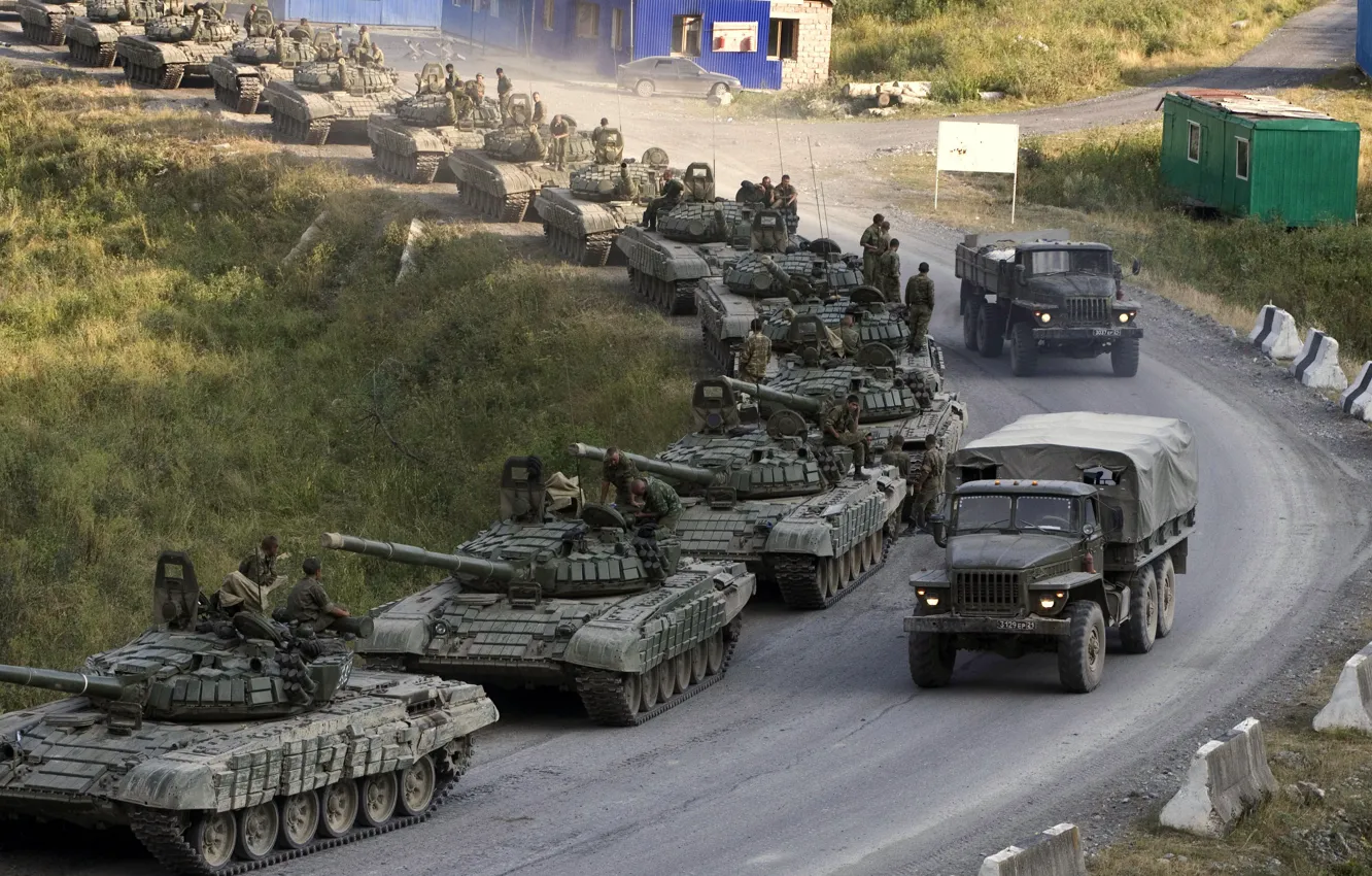 Photo wallpaper road, trucks, war, The Caucasus, Tanks, T-72, a column of tanks
