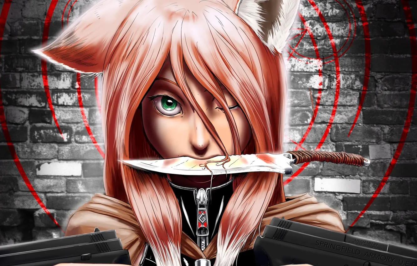 Photo wallpaper werewolf, killer, brick wall, animal ears, pistols in hand, by Aphex Angel, knife in the …