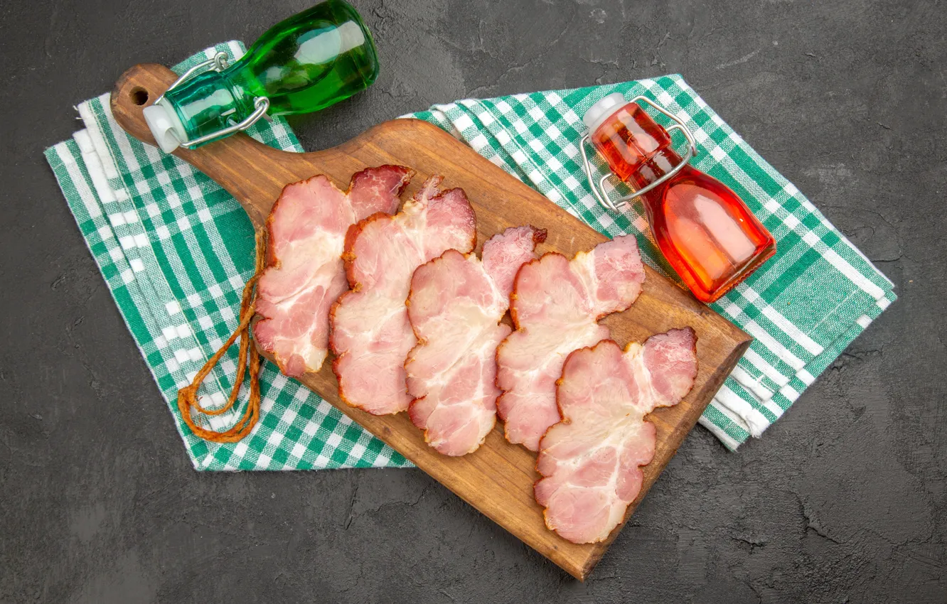 Photo wallpaper oil, towel, meat, grey background, cutting, ham, bottle, cutting Board