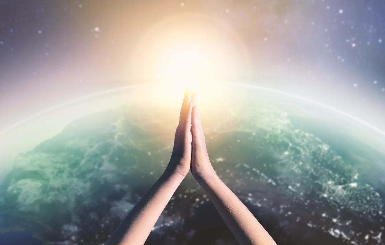 Photo wallpaper earth, hands, light, planet, meditation