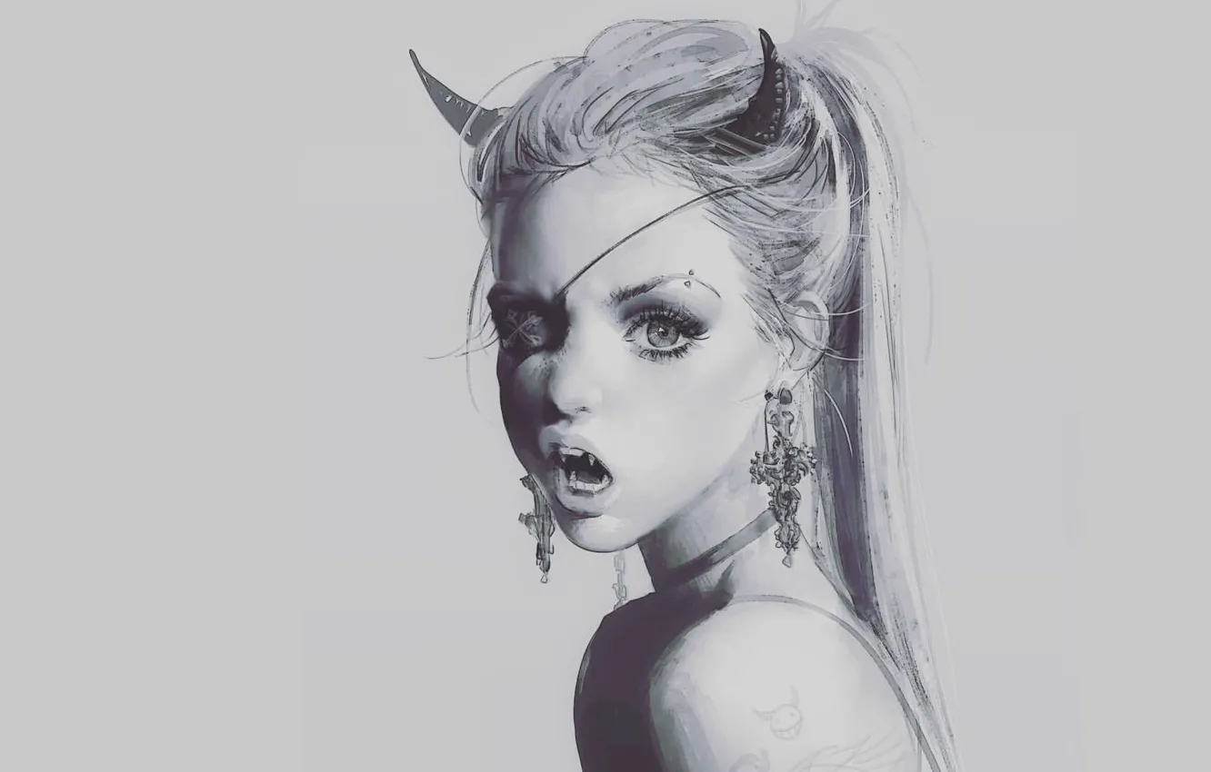 Photo wallpaper fangs, horns, headband, hell, demoness, hunger, art, Kyrei
