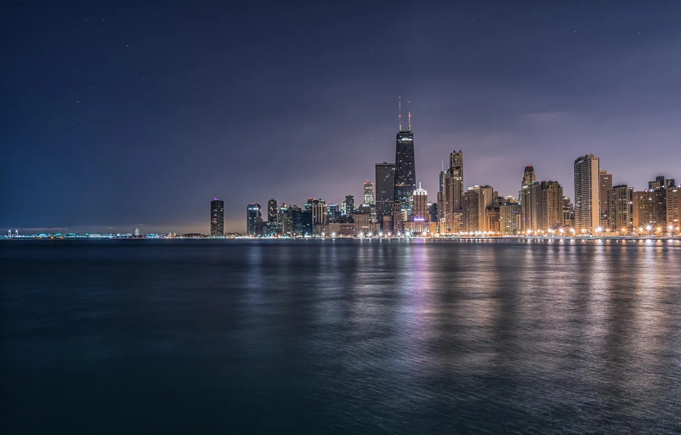 Photo wallpaper The evening, Lights, Chicago, Skyscrapers, Building, America, Chicago, America