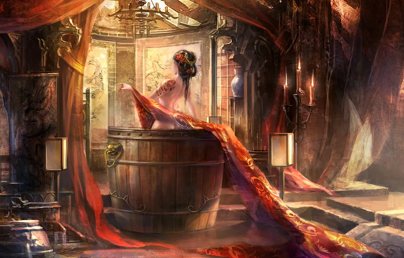 Photo wallpaper girl, candles, bathing, tattoo, barrel