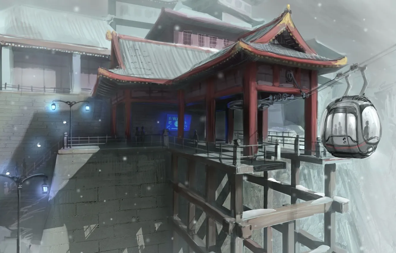 Photo wallpaper snow, Asia, the building, height, lights, the funicular, Dreamfall: The Longest Journey