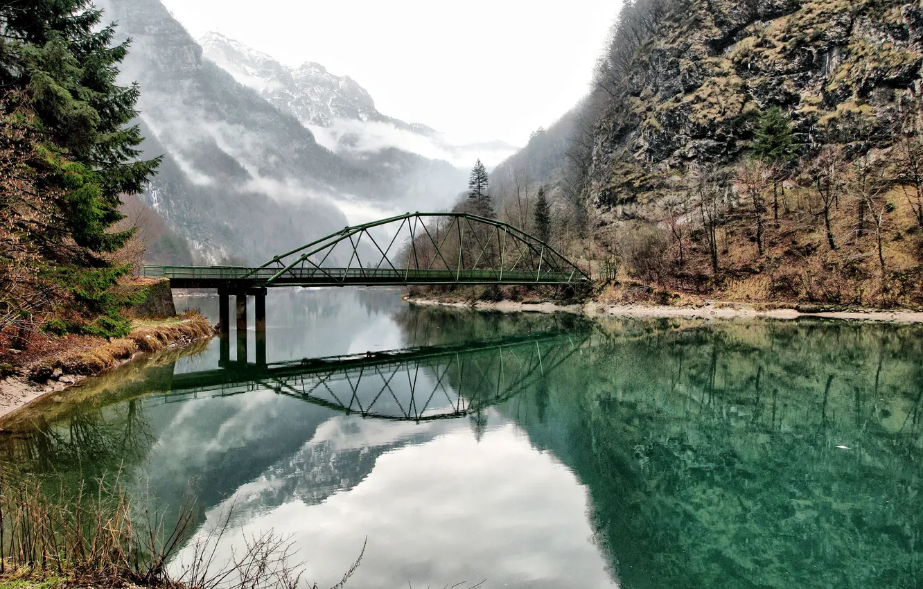 Photo wallpaper mountains, bridge, lake, reflection, Italy, Italy