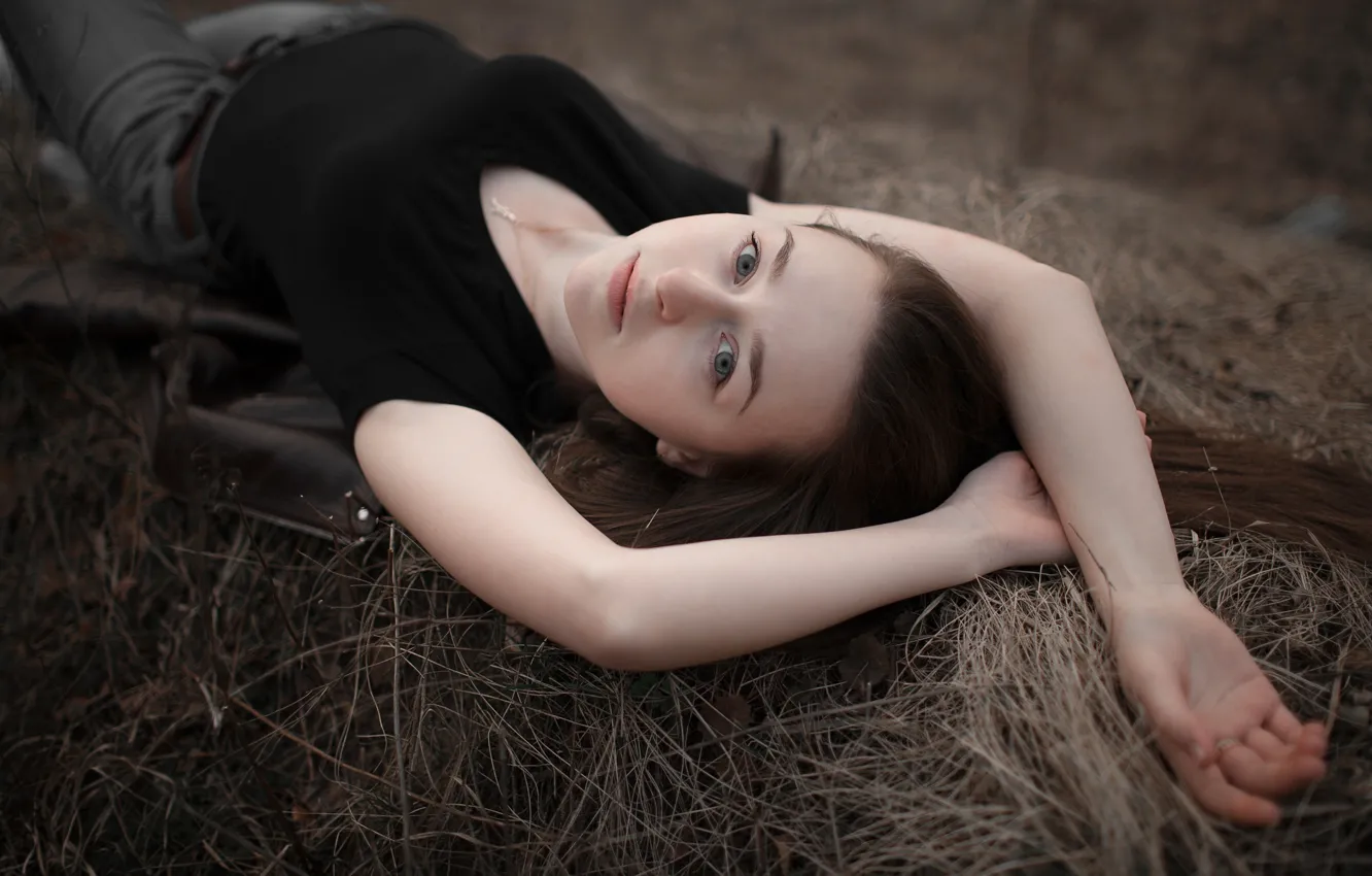 Photo wallpaper nature, model, women, jeans, brunette, t-shirt, Black T-Shirt, Women Outdoors