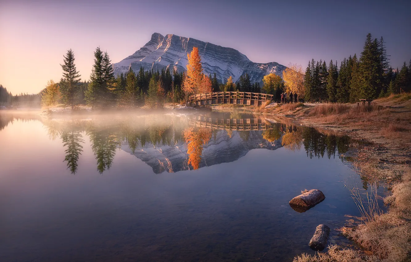 Photo wallpaper autumn, trees, mountains, bridge, lake, reflection, Canada, Albert