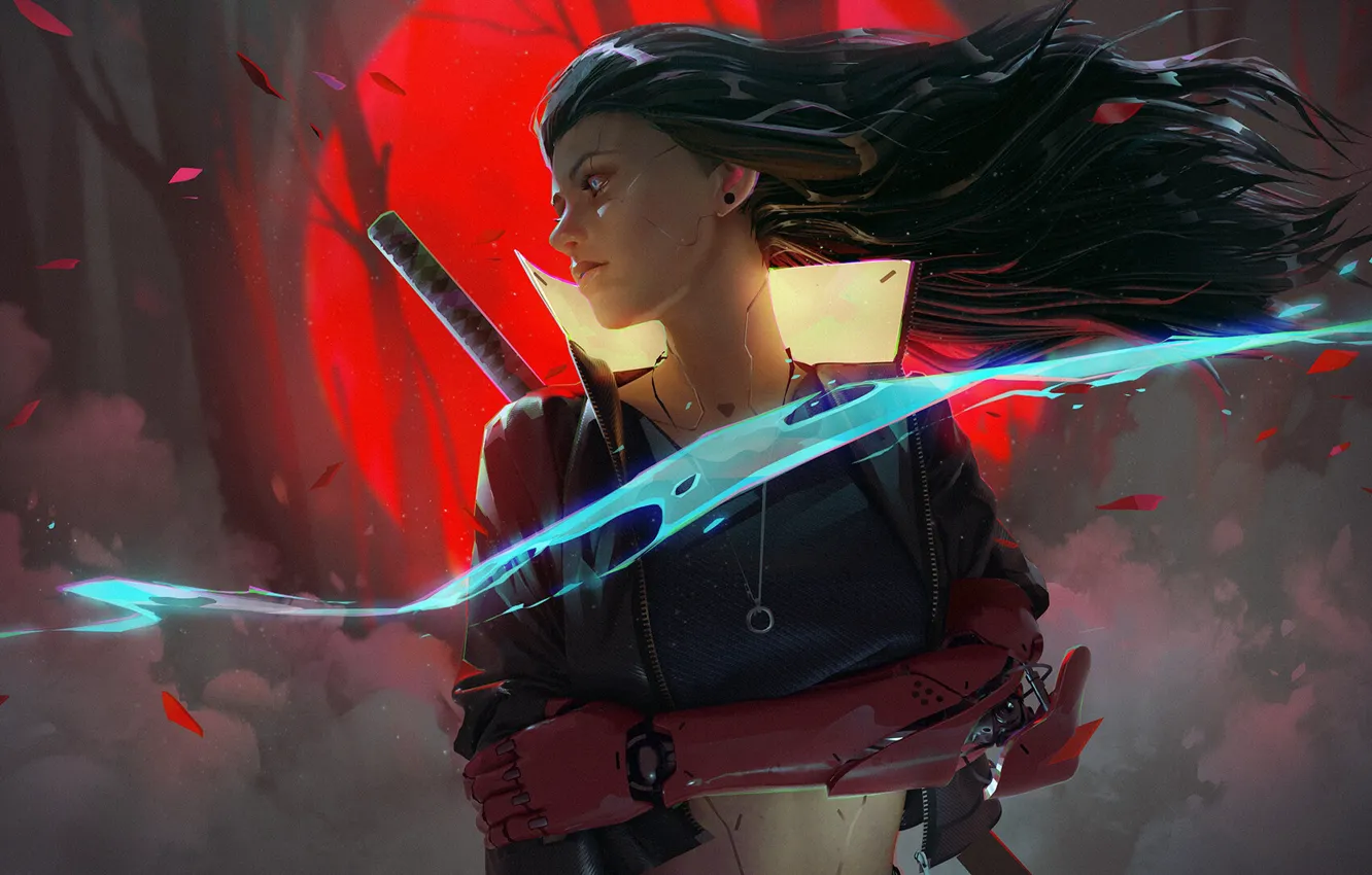 Photo wallpaper girl, sword, fantasy, katana, cyberpunk, samurai, artist, digital art