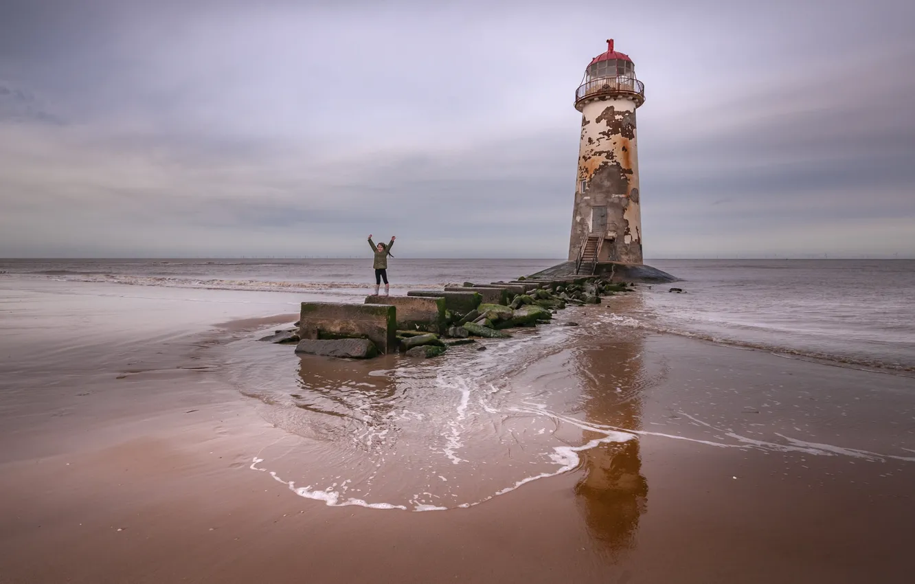 Photo wallpaper sea, shore, lighthouse, girl