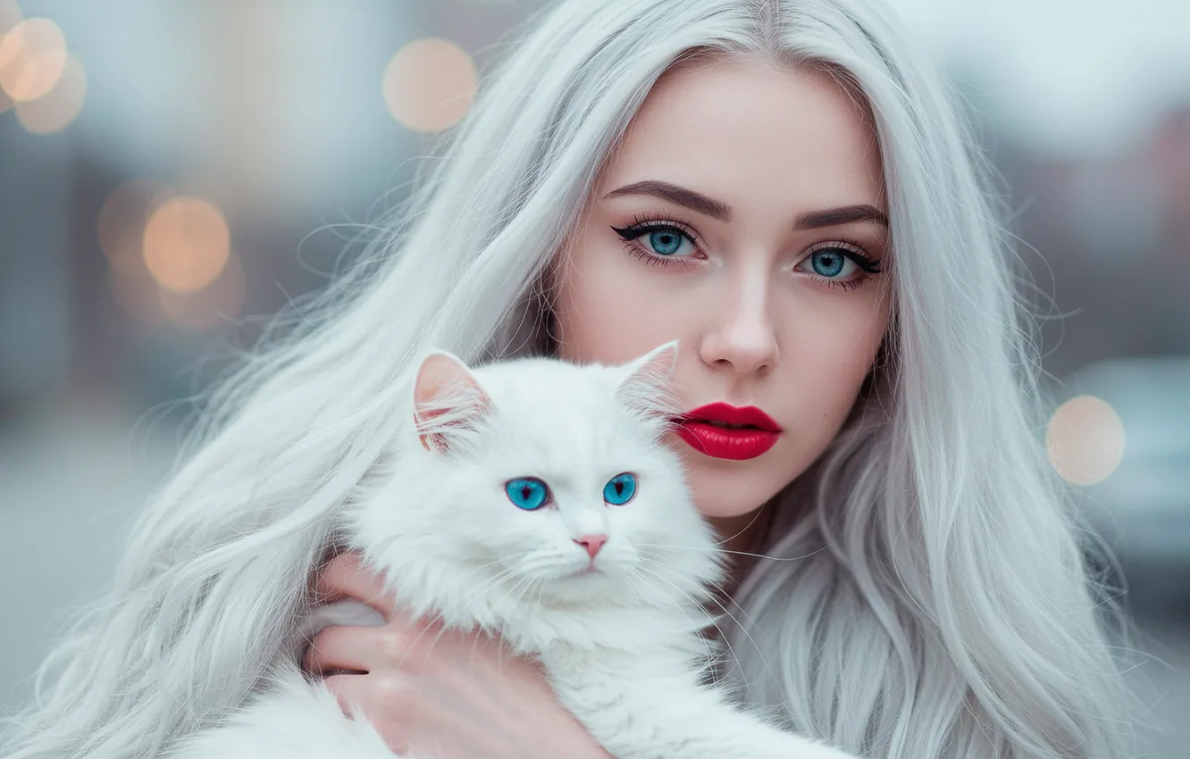 Photo wallpaper white, cat, girl, Wallpaper, art, blonde, wallpaper, girl