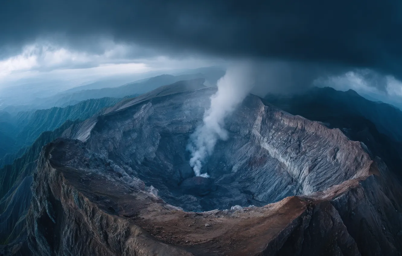 Photo wallpaper mountains, clouds, fog, rocks, smoke, view, height, the volcano