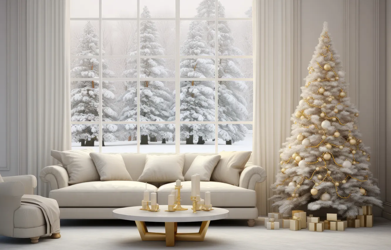 Photo wallpaper winter, frost, snow, decoration, room, sofa, tree, new year
