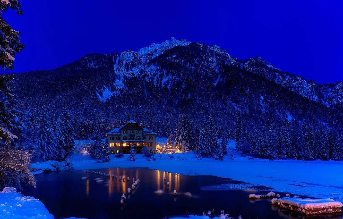 Photo wallpaper winter, forest, snow, mountains, night, lake, house, ate