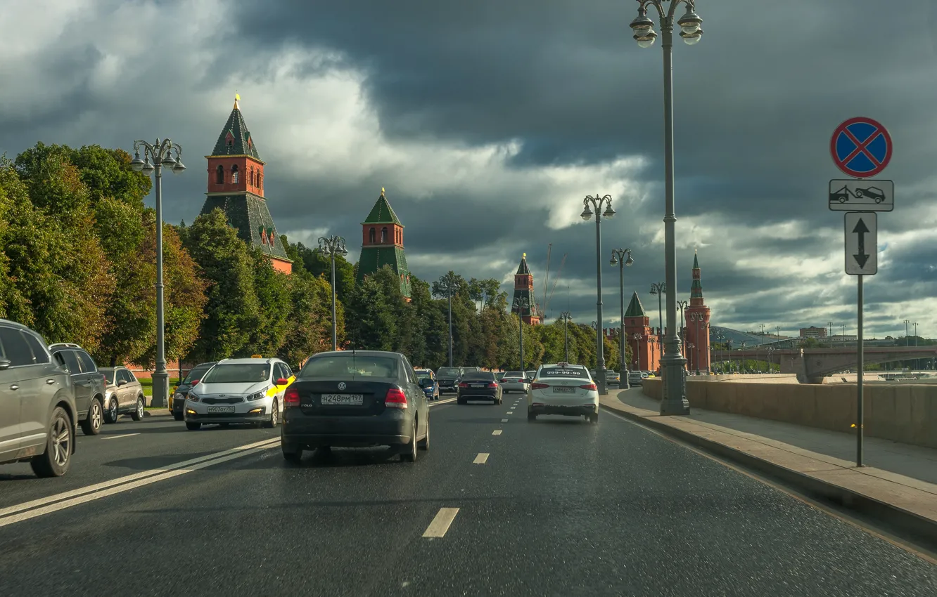 Photo wallpaper road, machine, clouds, the city, tower, lights, Moscow, The Kremlin
