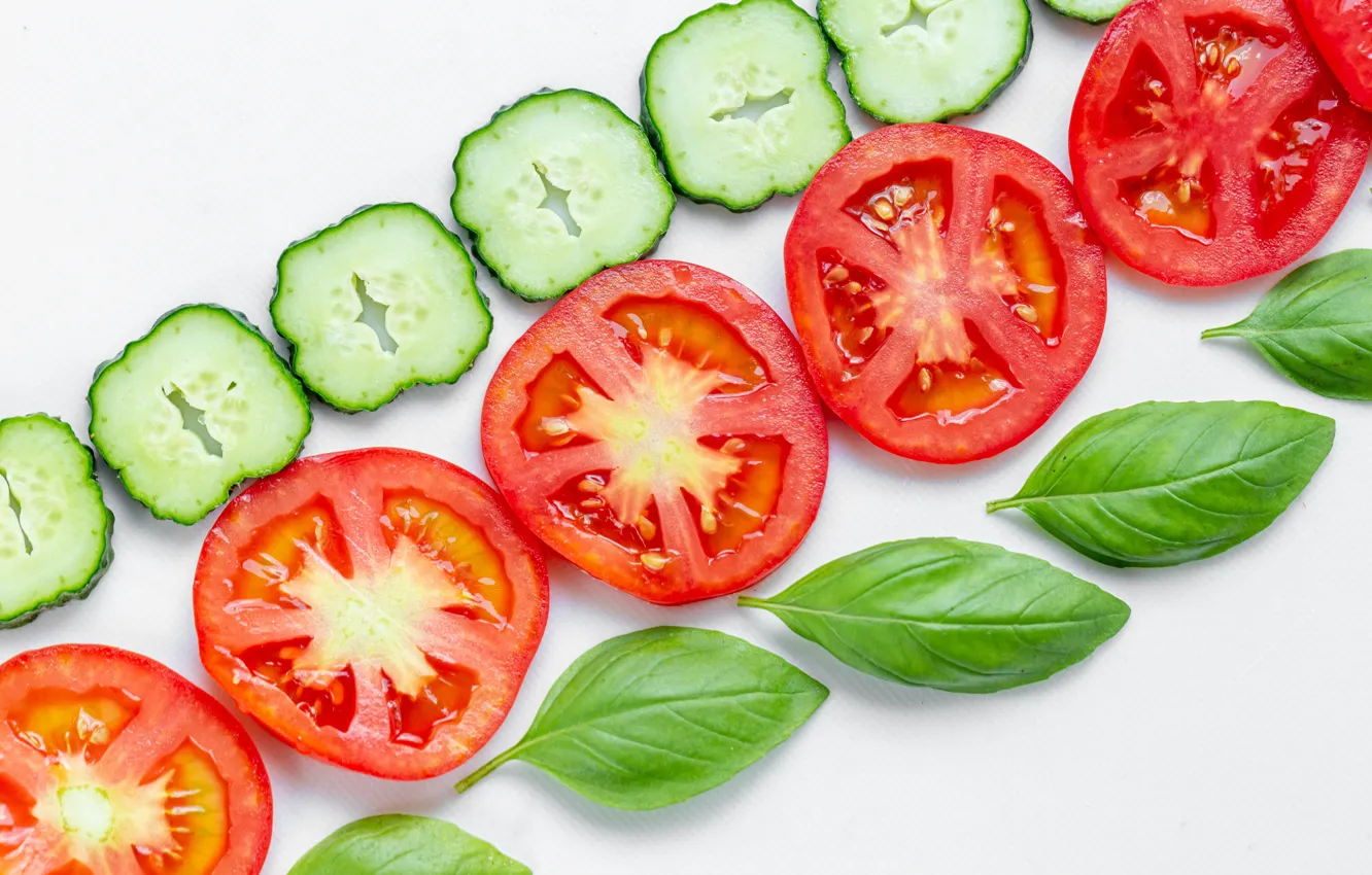 Photo wallpaper tomatoes, cucumbers, Basil