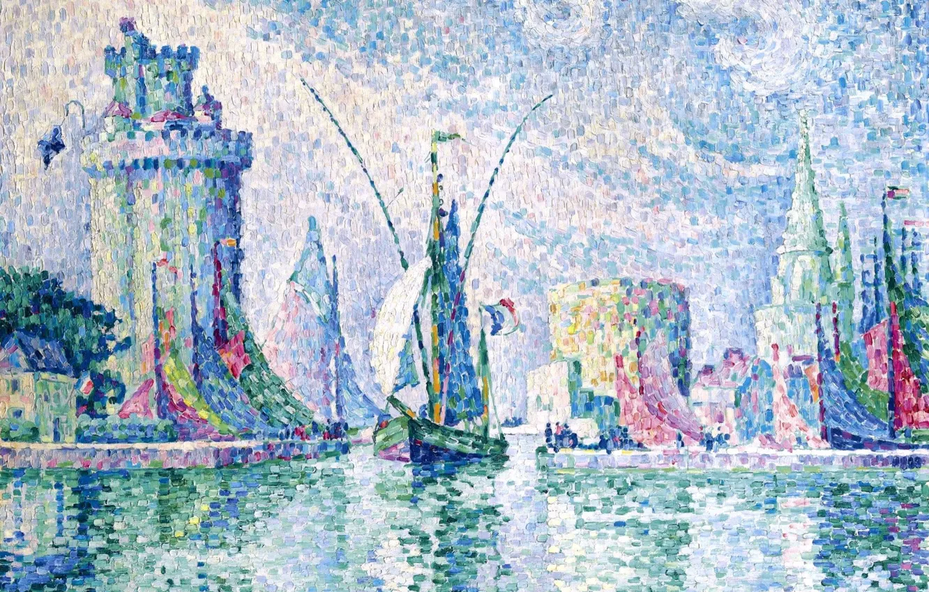 Photo wallpaper landscape, boat, picture, sail, Paul Signac, pointillism, La Rochelle. Green Tower