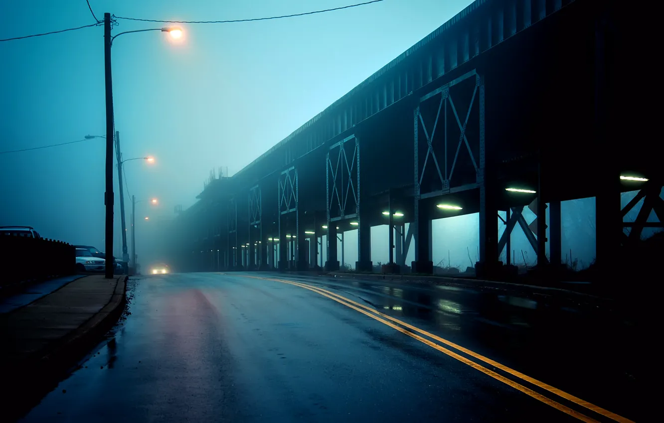 Photo wallpaper road, bridge, the city, fog, lights, USA, USA, twilight