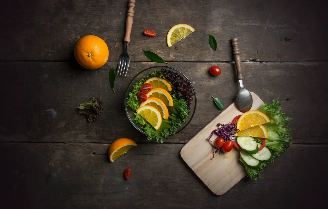 Photo wallpaper orange, vegetables, vitamins, slices, salad, tomatoes-cherry