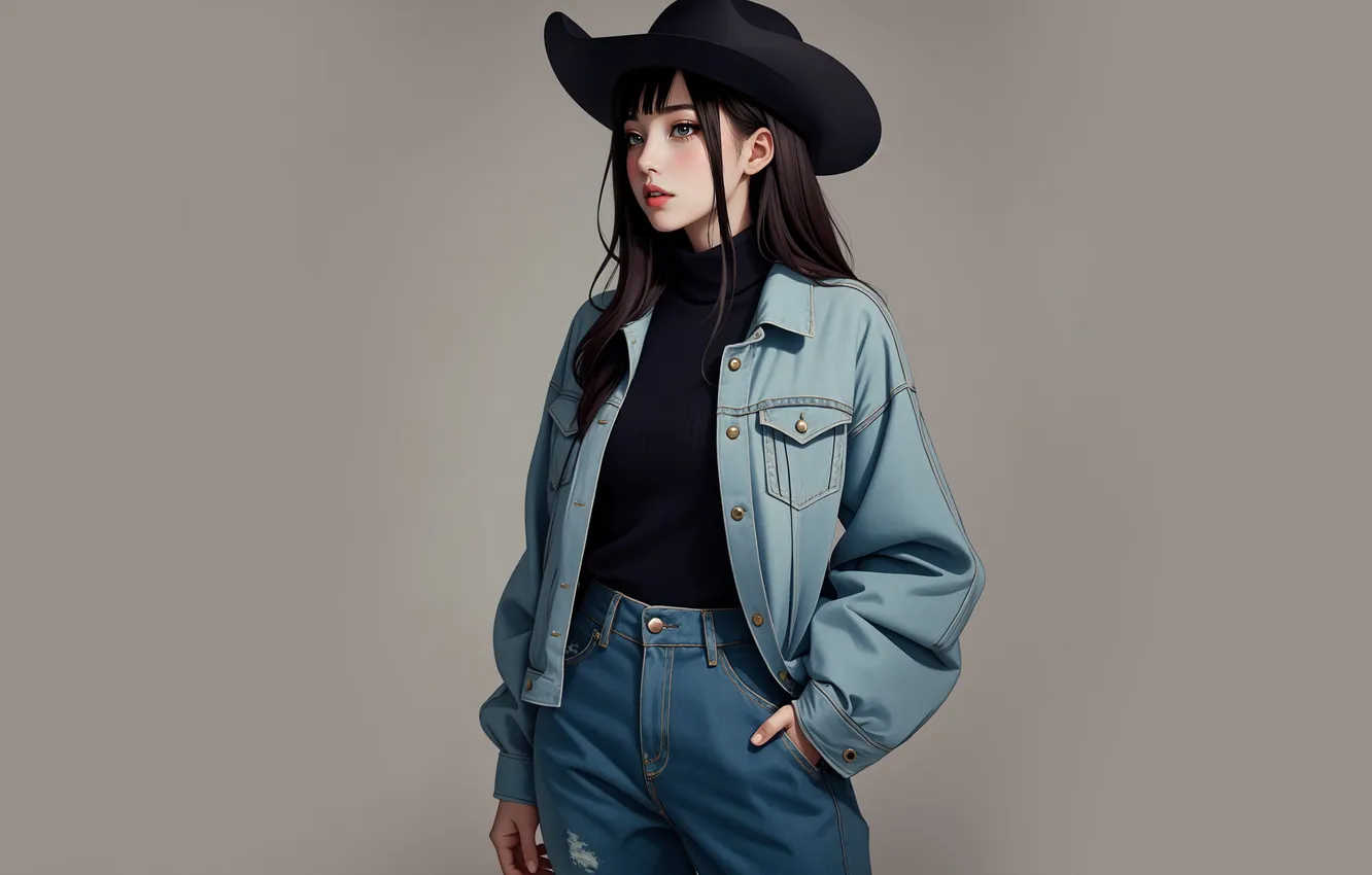 Photo wallpaper girl, hat, grey background