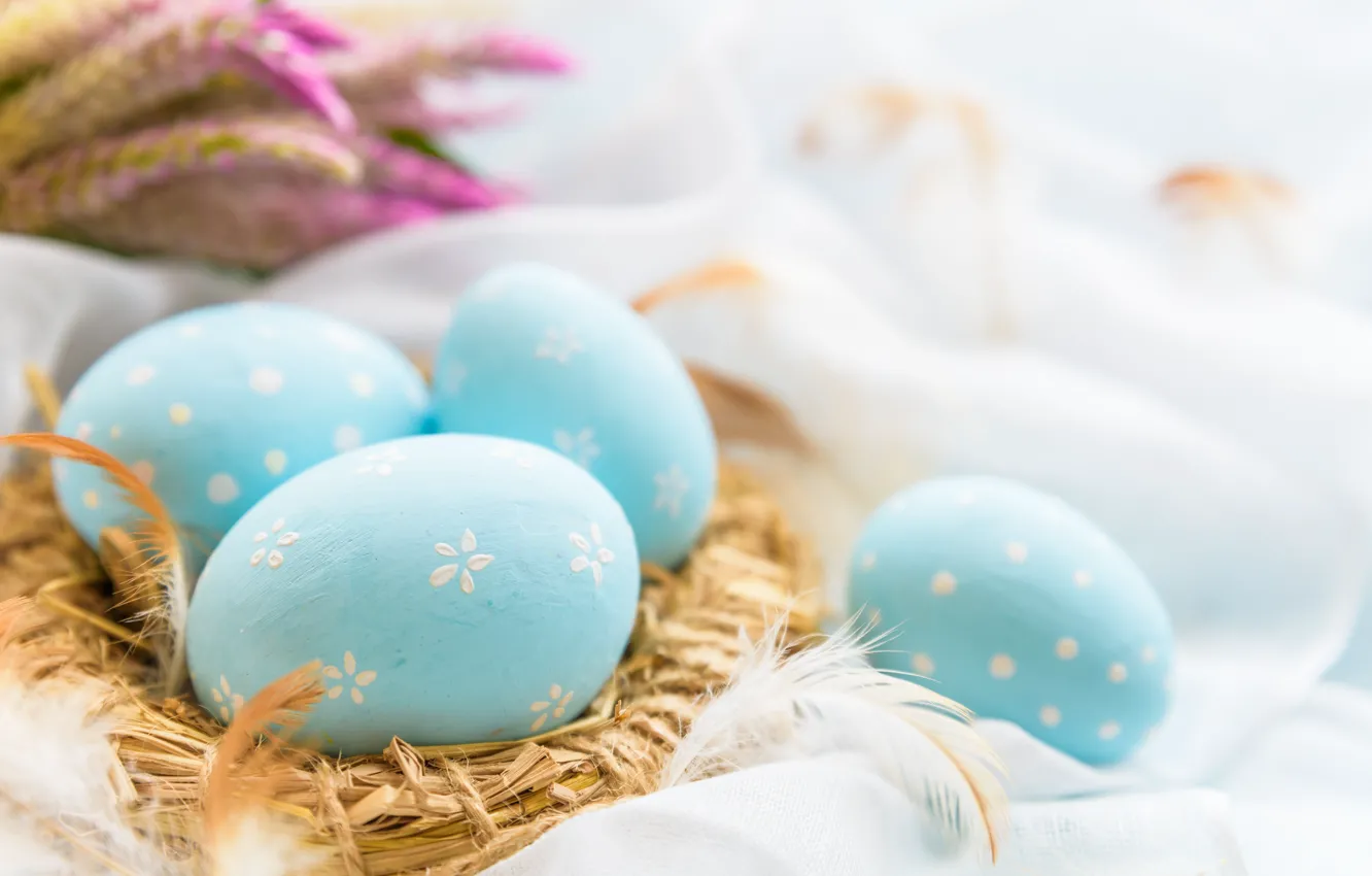 Photo wallpaper flowers, eggs, Easter, blue, flowers, Easter, eggs, decoration