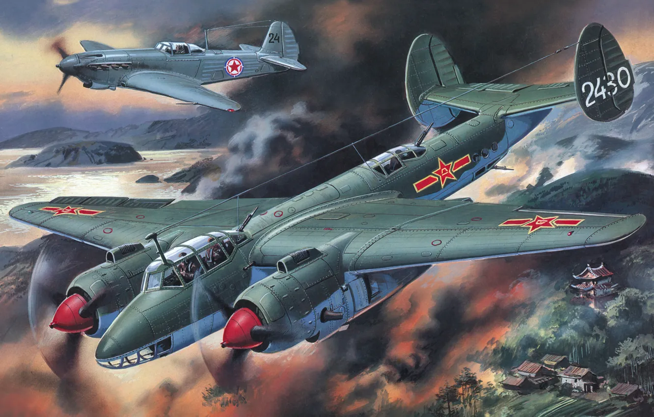 Photo wallpaper flight, smoke, fighter, art, bomber, two, As-9, Tu-2