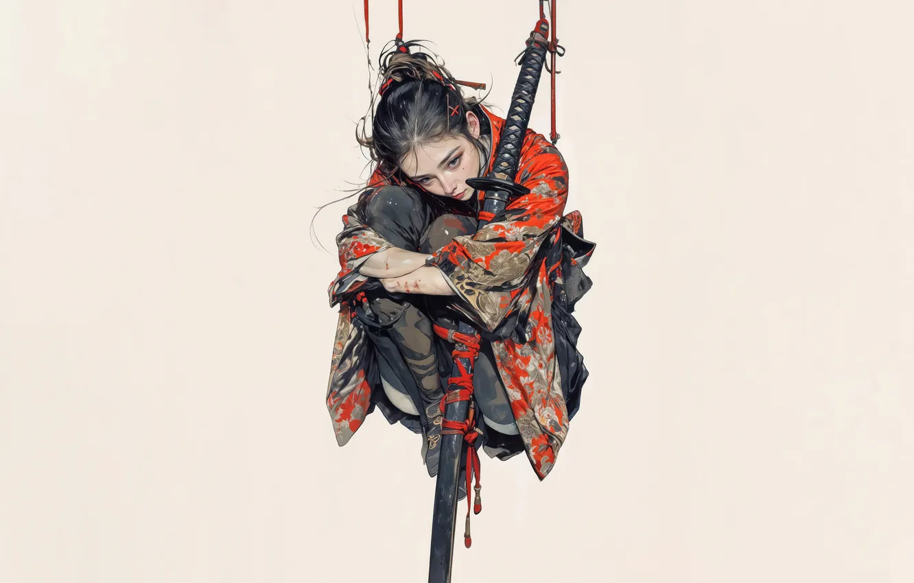 Photo wallpaper anime, katana, kimono, anime girl, AI Art, AI Generated