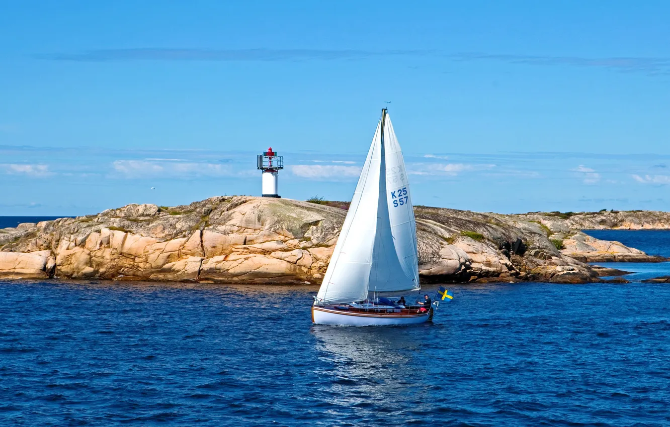Photo wallpaper SEA, The SKY, CLOUDS, SAIL, LIGHTHOUSE, YACHT, SHORE, BLUE