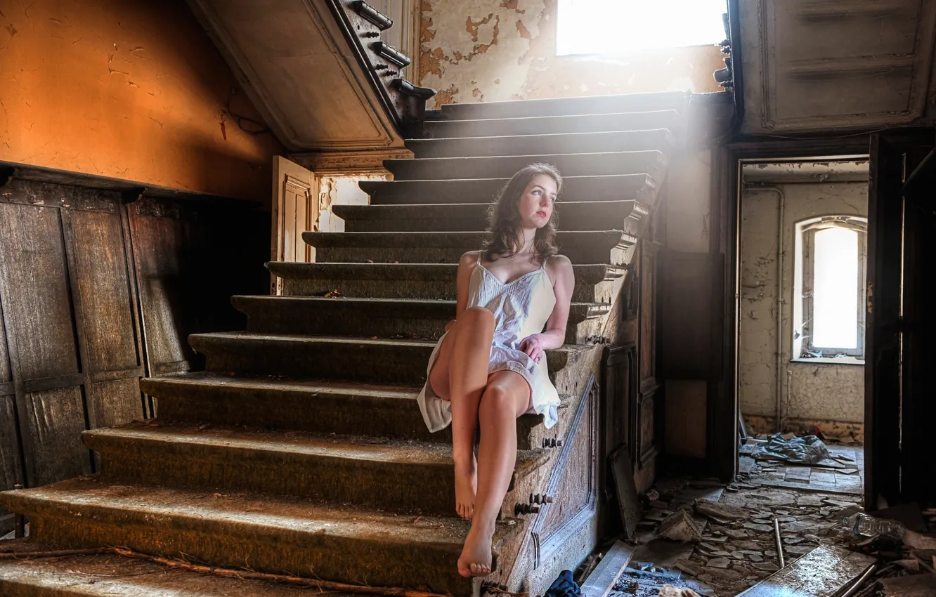 Photo wallpaper girl, loneliness, building, devastation