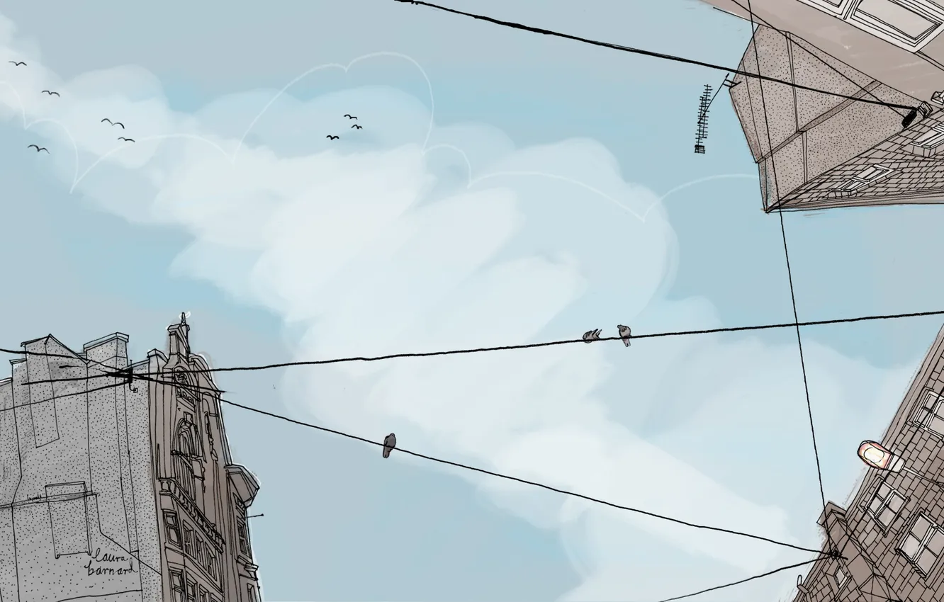Photo wallpaper the sky, birds, creative, wire, figure, home, minimalism, art
