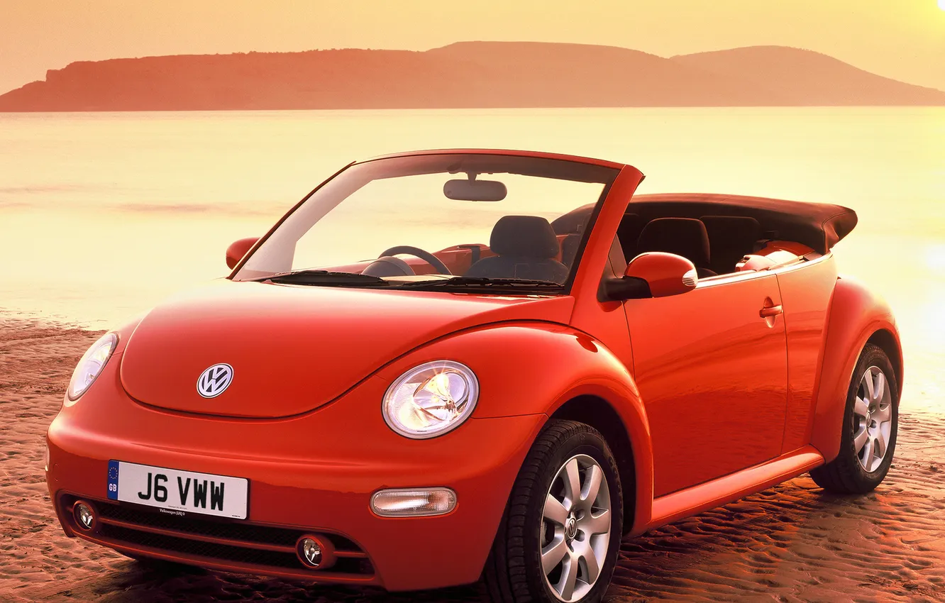 Photo wallpaper sunset, red, shore, beetle, volkswagen, convertible, Volkswagen, cabrio