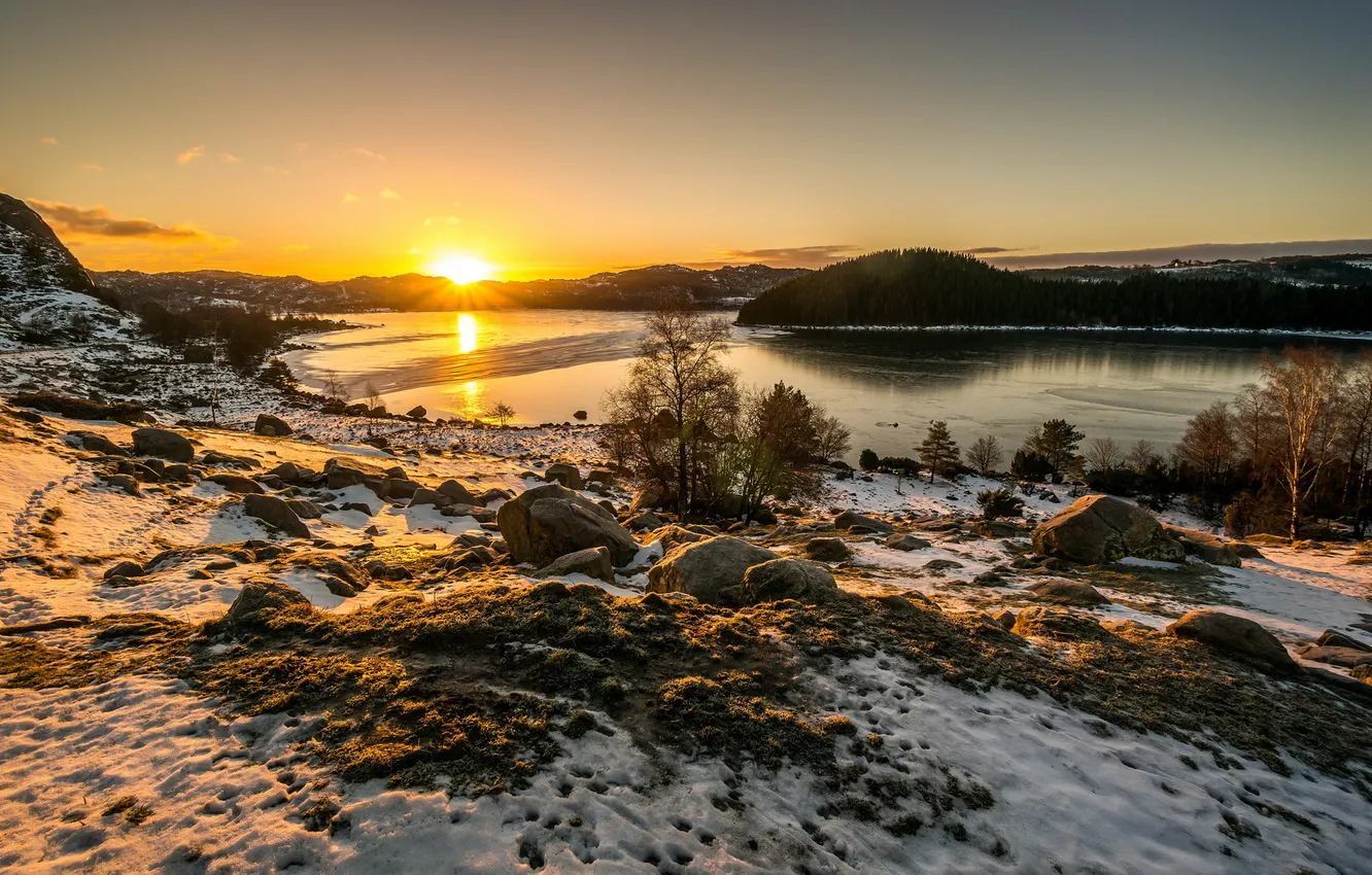Photo wallpaper landscape, sunset, lake