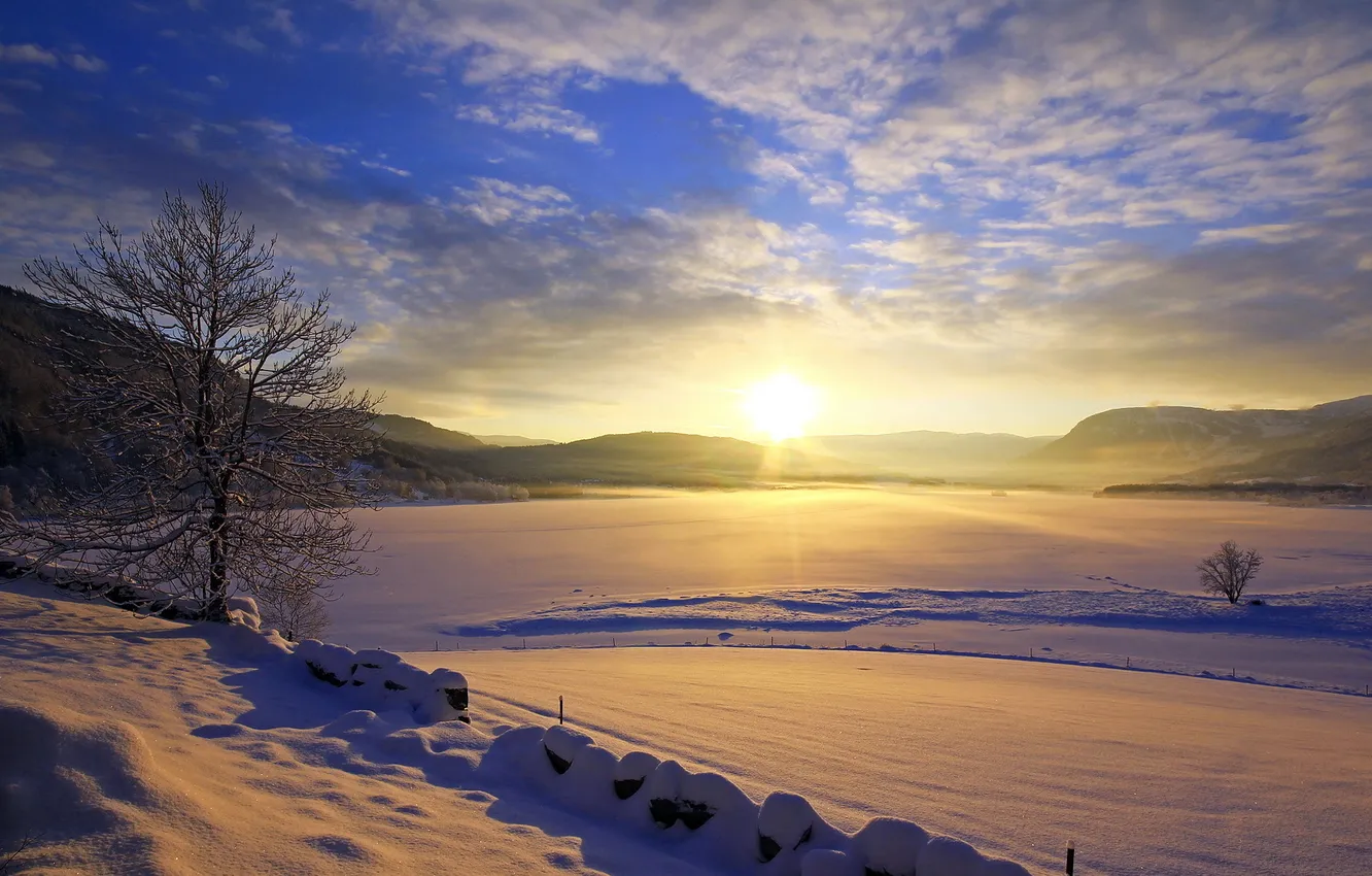 Photo wallpaper winter, landscape, sunset
