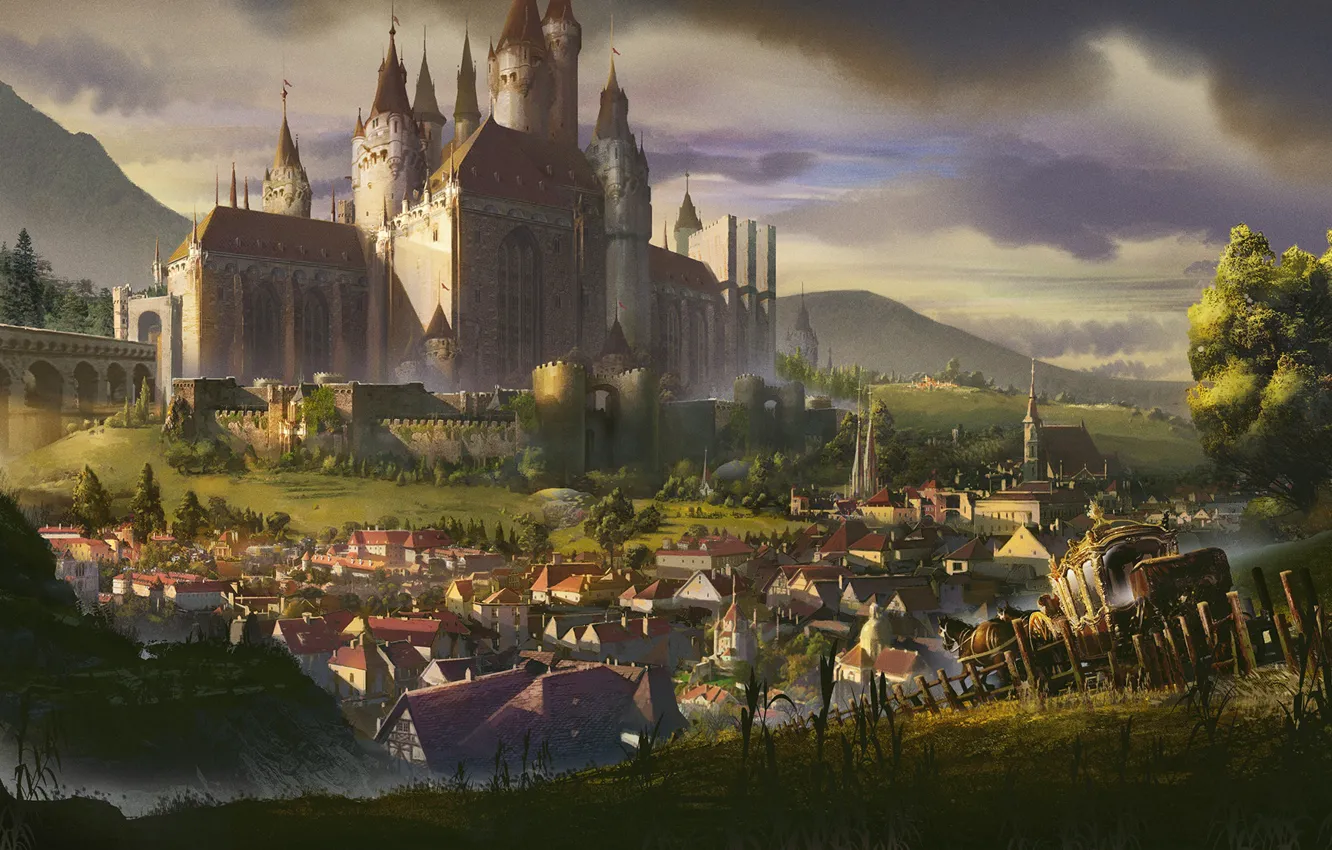 Photo wallpaper mountains, the city, castle, coach, castle
