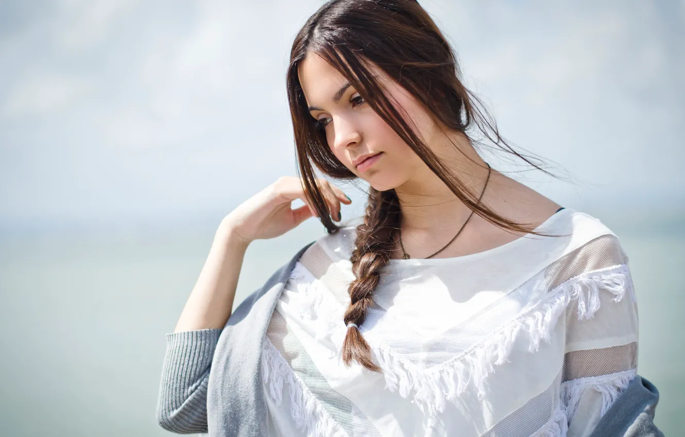 Photo wallpaper girl, brunette, braid, light background, brooding