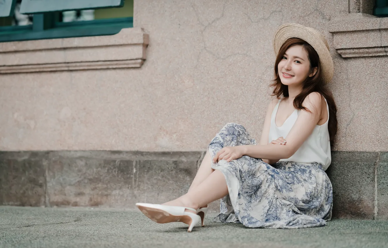 Photo wallpaper girl, smile, skirt, hat, blouse, Asian, sitting, cutie