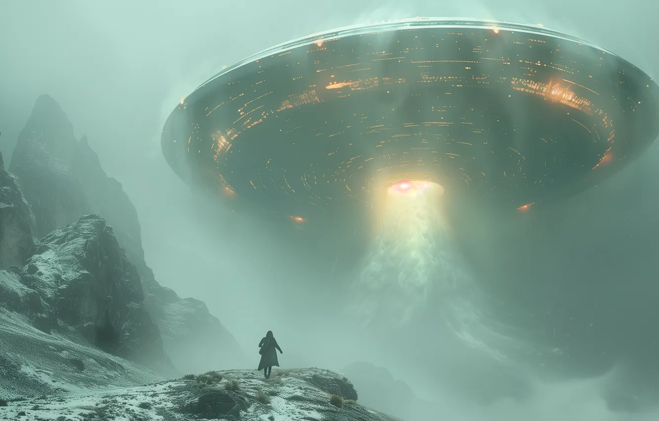 Photo wallpaper nature, fog, future, fiction, UFO, haze, spaceship, the futuristic