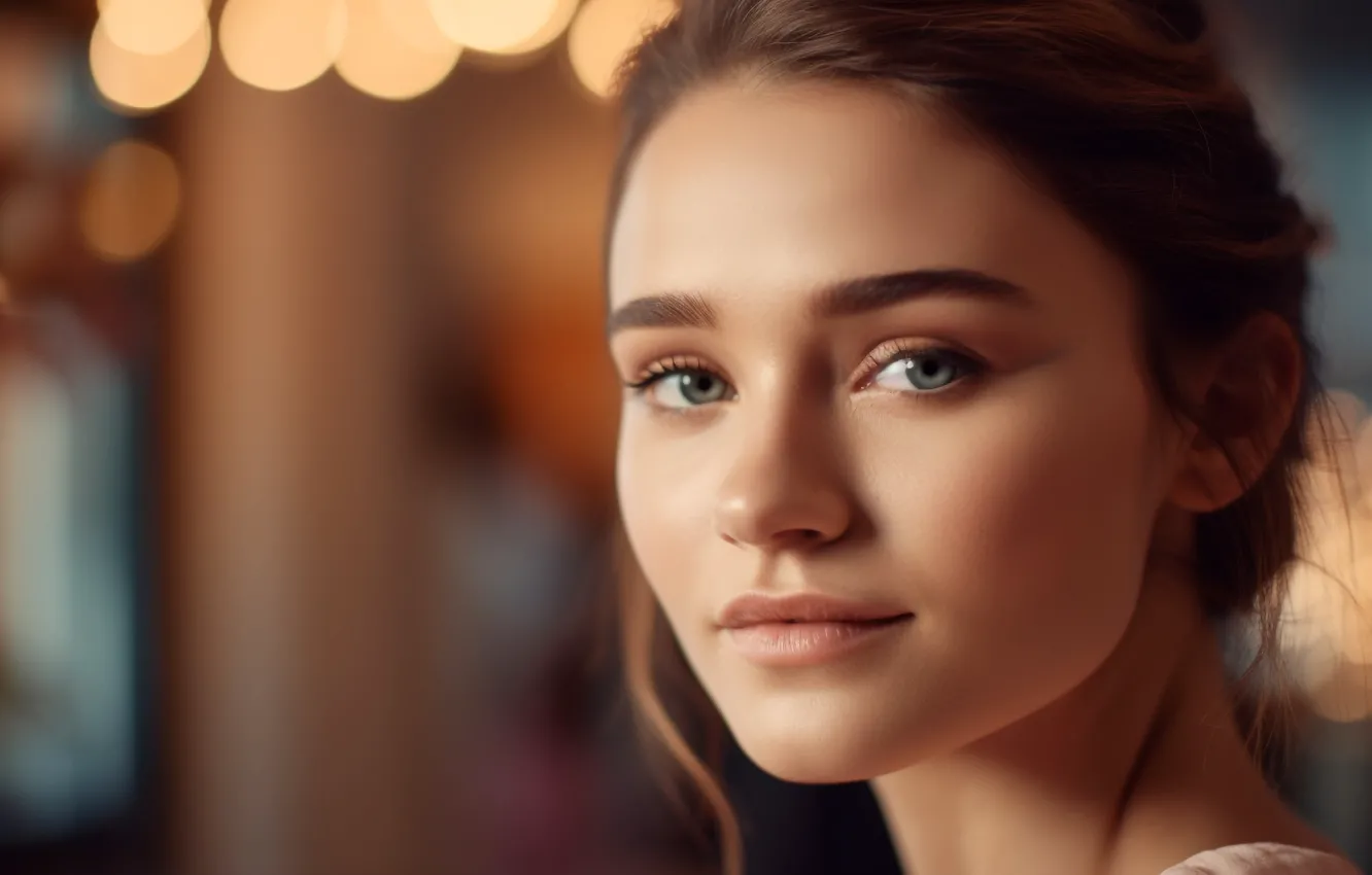 Photo wallpaper look, girl, face, portrait, hairstyle, brown hair, grey eyes, young