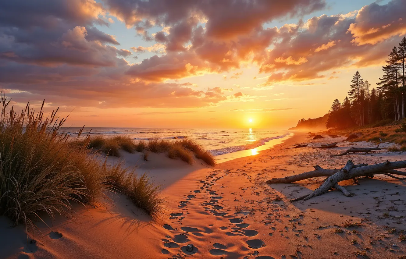 Photo wallpaper sand, sea, forest, beach, grass, the sun, clouds, landscape