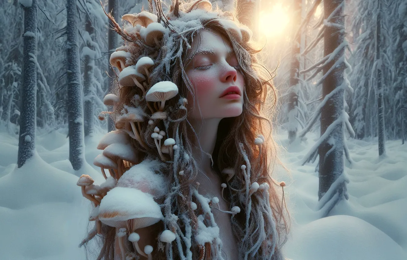 Photo wallpaper winter, frost, forest, girl, the sun, snow, branches, mushrooms