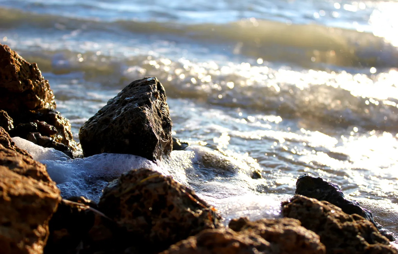 Photo wallpaper sea, wave, summer, foam, the sun, sunset, stones
