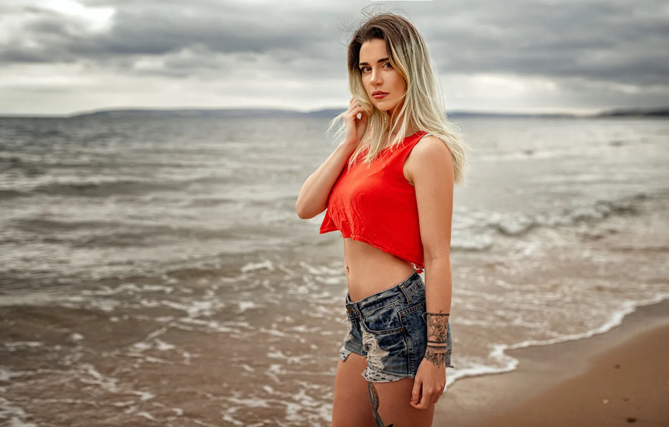Photo wallpaper sea, beach, look, landscape, sexy, pose, model, shorts
