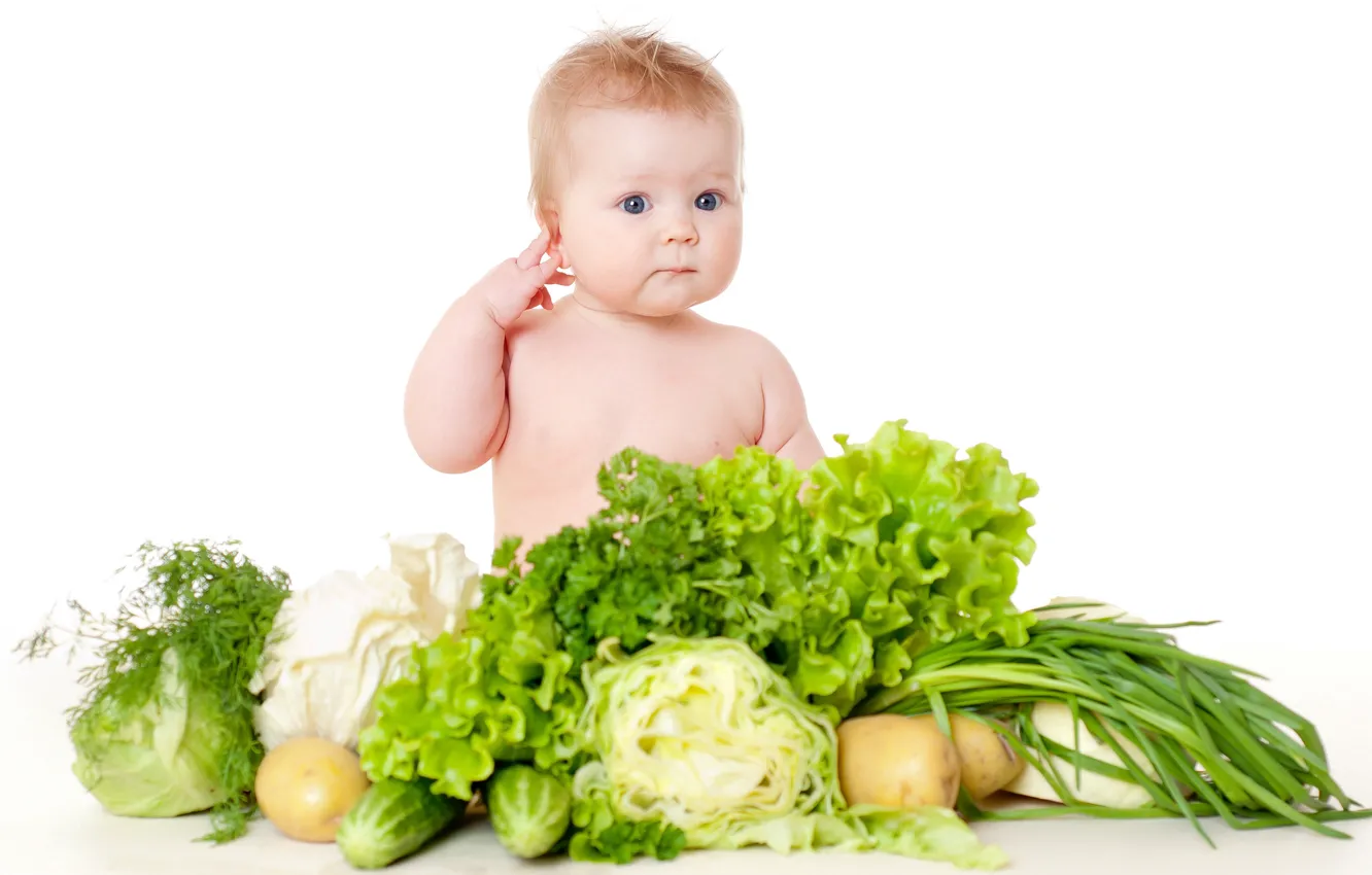 Photo wallpaper look, child, white background, vegetables, baby